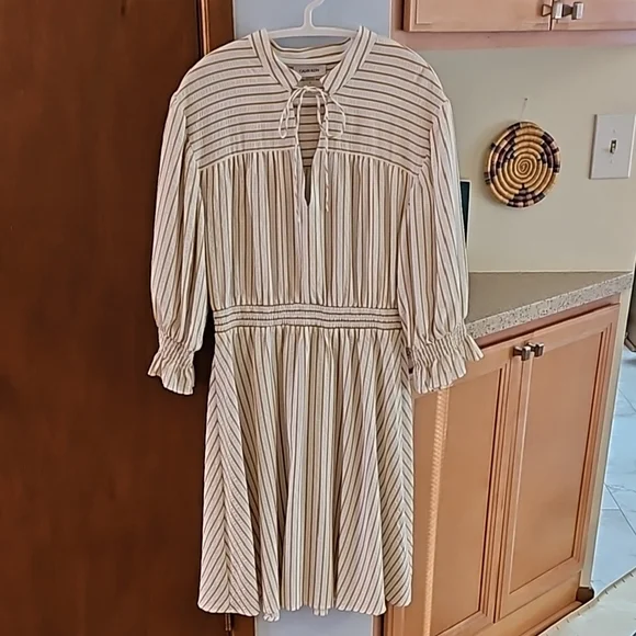 **Clearance** Calvin Klein striped, Tie-Neck Dress - Picture 1 of 9